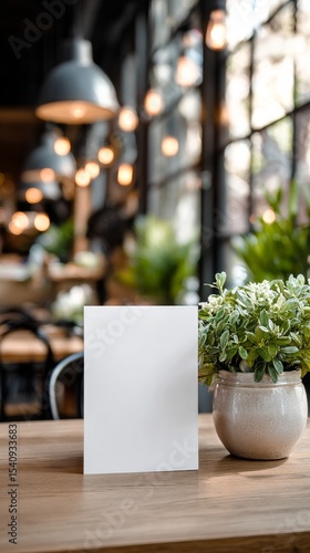Cozy Cafe Interior With Plants and Blank Menu on Wooden Table
