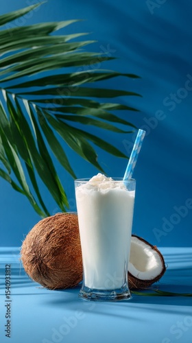 Refreshing Coconut Milk Drink Served With Palm Leaves Against a Blue Background.
