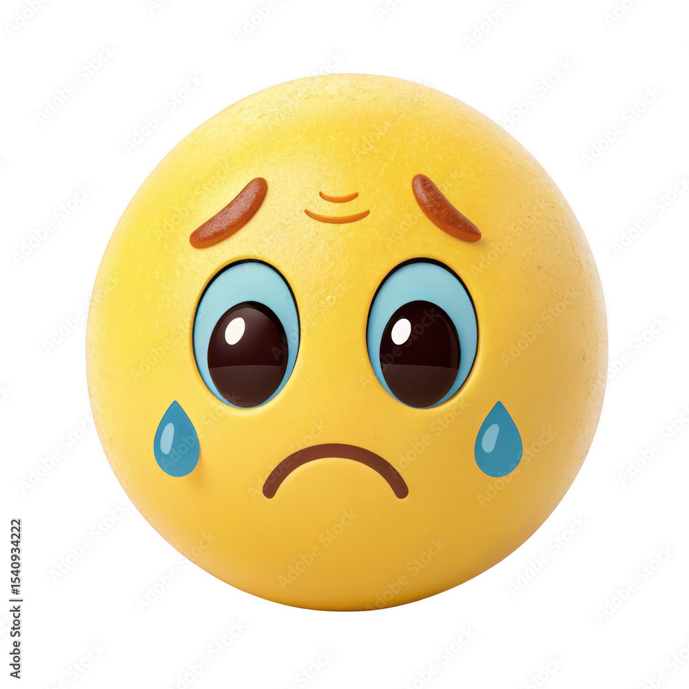 Fototapeta premium Sad yellow emoji with tears isolated on transparent background