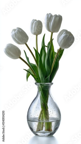 Beautiful White Tulips Arranged Elegantly in a Clear Glass Vase on a Bright B...