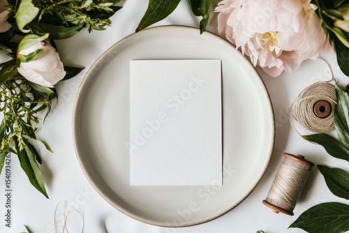 Elegant Blank Canvas Surrounded by Fresh Flowers and Sewing Supplies on a Rus...