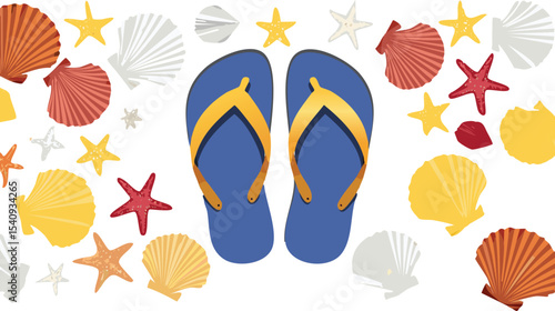 Summer Flip Flops Surrounded by Seashells on Sand