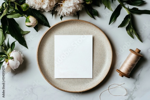 White Card on a Plate Surrounded by Flowers and Thread for Creative Projects ...