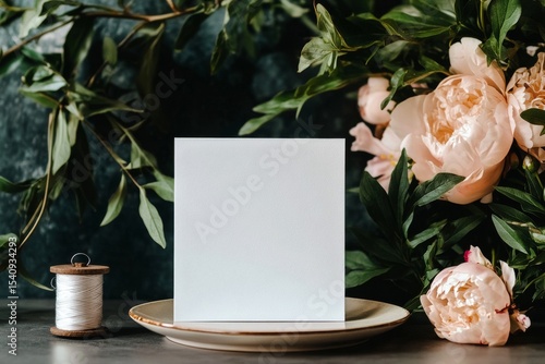 Elegant Blank Canvas Surrounded by Fresh Flowers and Sewing Supplies on a Rus...