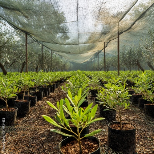 a grove of green olive saplings in a nursery under protective shade netting