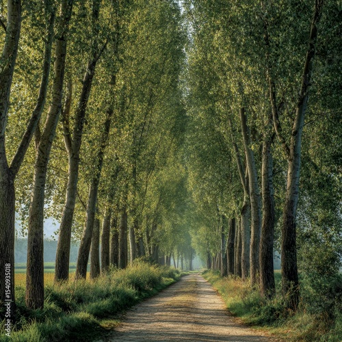 a grove of green poplar trees with fluttering leaves along a country lane