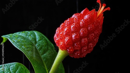 A close-up shot of a red flower with water droplets glistening on its petals.