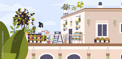 Urban rooftop garden woman watering plants outdoor terrace potted flowers green leaves modern house blue sky landscape balcony gardening