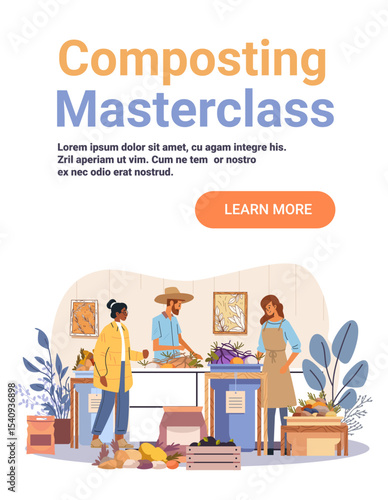 Composting masterclass workshop people learning sustainable waste management indoor classroom with plants vegetables compost bins eco education website banner