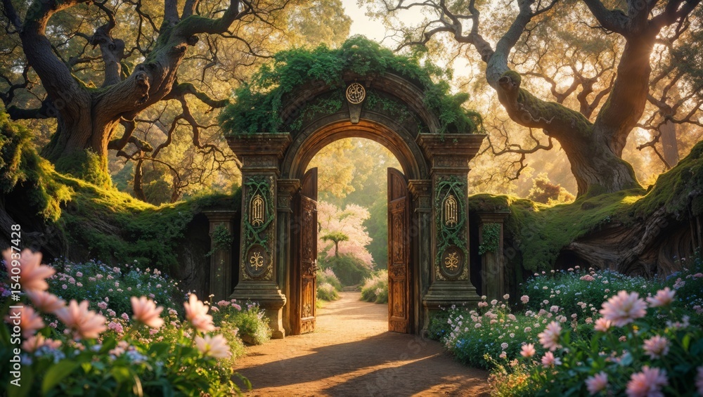 Fototapeta premium The sunlit garden gate welcomes visitors along a blossoming path.