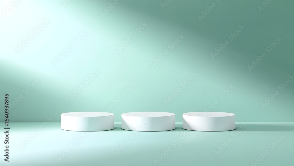 A serene minimalist composition featuring three white podiums arranged on a pastel green background A serene minimalist composition featuring three white podiums arranged on a pastel green background