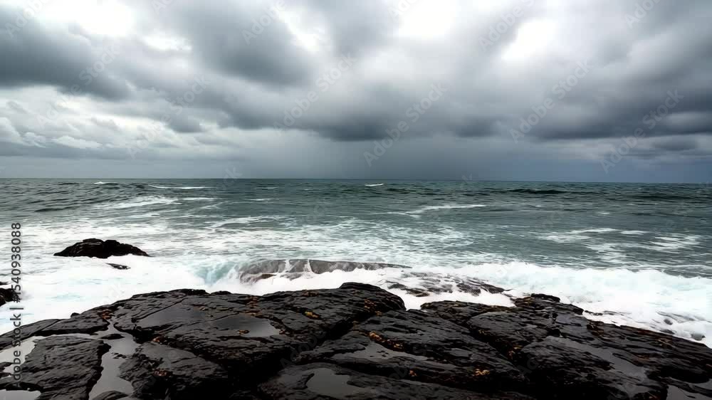 Rocky coastline with waves and dark clouds over the ocean Rocky coastline with waves and dark clouds over the ocean