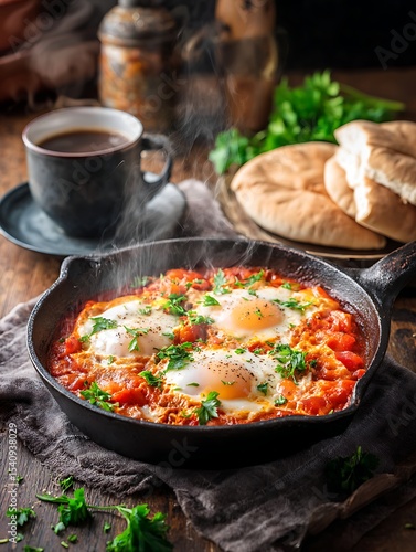 Delicious steaming shakshuka with poached eggs and fresh herbs in a rustic cast iron skillet, served with warm pita bread and coffee.