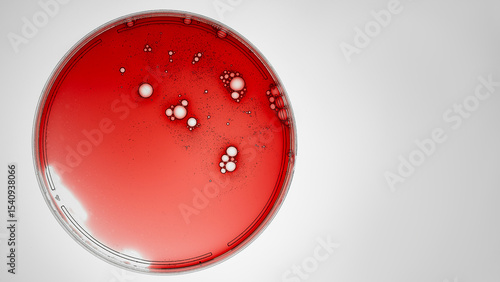 Petri dishes with red liquid on light background, flat lay. Space for text