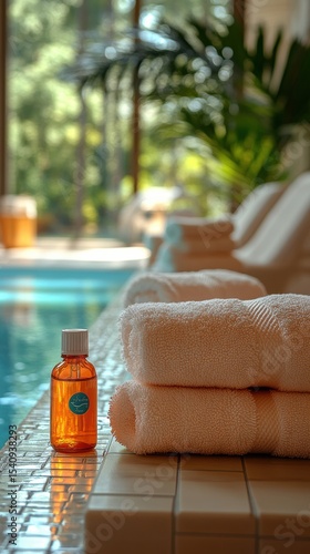 Rolled white towels and a small bottle of essential oil sit on the tiled edge of an indoor pool, promising a luxurious and relaxing spa experience