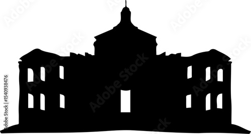 Silhouette of historic building with central dome and symmetrical wings evokes sense of grandeur