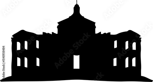 Silhouette of historic building with central dome and symmetrical wings, evoking sense of grandeur