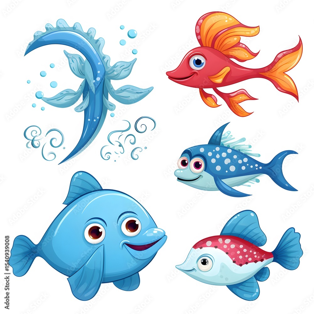Naklejka premium Detailed Illustration of Five Colorful Sea Creatures on White Background - Marine Life Artwork for Educational Purposes