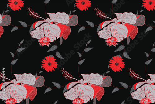 Tropical florals accented with rich gold details for vibrant summer resort branding, textiles, and party decor.