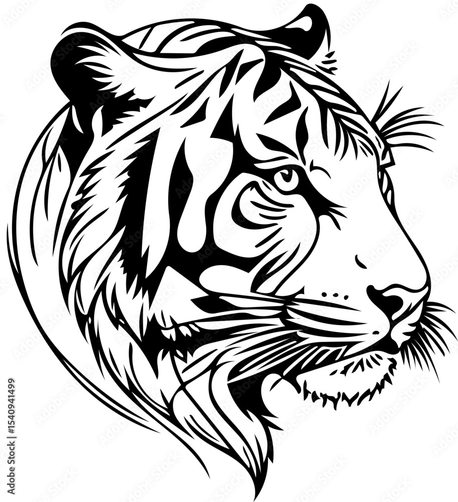 Fototapeta premium Tiger head side view, geometric tattoo line art, black and white vector