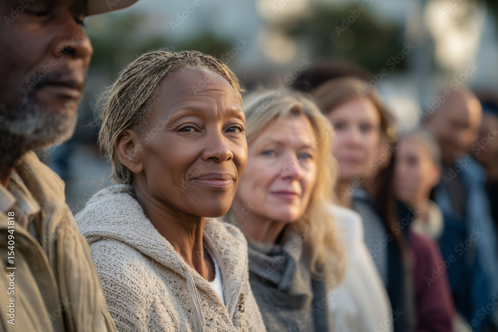 Diverse group of adults patiently waiting in line showcasing unity and patience in a public setting Diverse group of adults patiently waiting in line showcasing unity and patience in a public setting