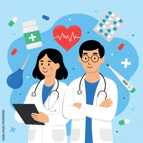 Colorful flat-style vector illustration of two friendly doctors surrounded by medical symbols. Includes pills, thermometer, enema bulb, heart with cardiogram, medicine bottle, and blister pack