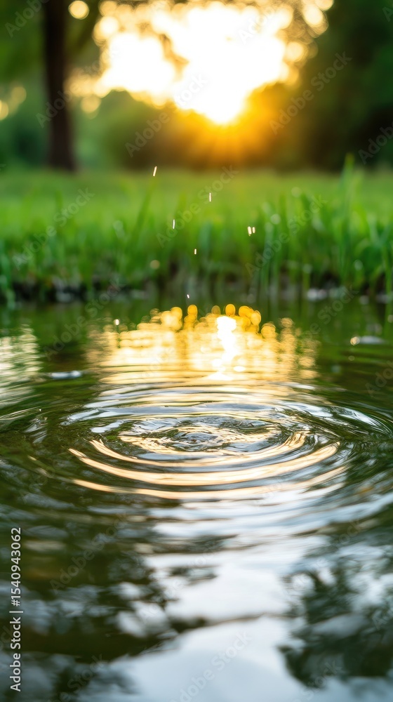 Fototapeta premium A tranquil puddle reflecting the golden sunset. Ripples radiate outward from a splash
