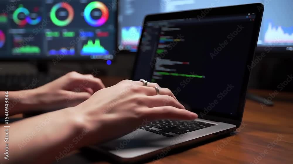 Close-up of hands typing code on a laptop Close-up of hands typing code on a laptop