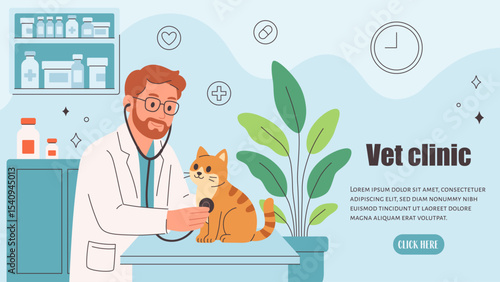 Veterinary doctor examining and cure pet in veterinarian office. Pets in a veterinary clinic. Veterinarian day. Vector illustration in flat style