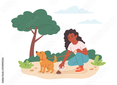 Clean up after your dog concept. Dog owner cleaning up dog waste. Pet care, environmental awareness waste disposal. Vector illustration in flat style