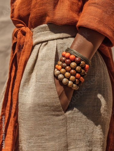 Woman's Hand with Beaded Bracelets and Textured Fabric