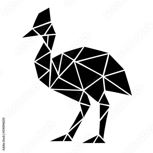 A modern digital artwork showcasing a stylized geometric cassowary, its form broken down into triangles in shades of black, a contemporary representation of wildlife.