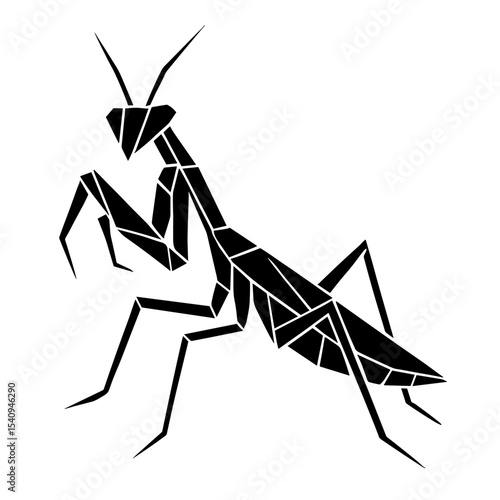 A minimalist geometric graphic design of a praying mantis, embodying the essence of nature.  