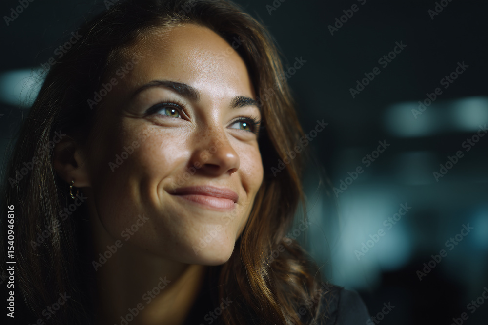 Soft-focus cinematic portrait of a smiling businesswoman exuding confidence and professionalism in a modern corporate environment Soft-focus cinematic portrait of a smiling businesswoman exuding confidence and professionalism in a modern corporate environment