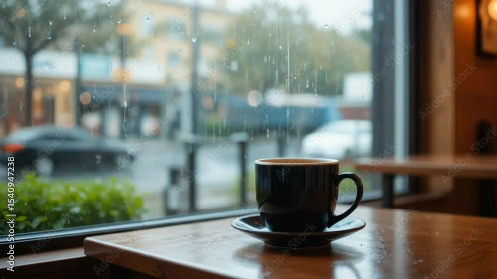 A warm coffee shop ambiance, with a dark, simple coffee mug on a wooden table right by a rain-streaked window.