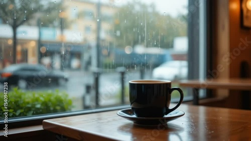 A warm coffee shop ambiance, with a dark, simple coffee mug on a wooden table right by a rain-streaked window.