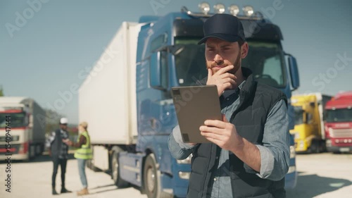 Pensive man in cap standing in front of parked truck holding tablet with hand on chin. Thinking about best route or checking traffic updates. Analyzing data while others discussing nearby.