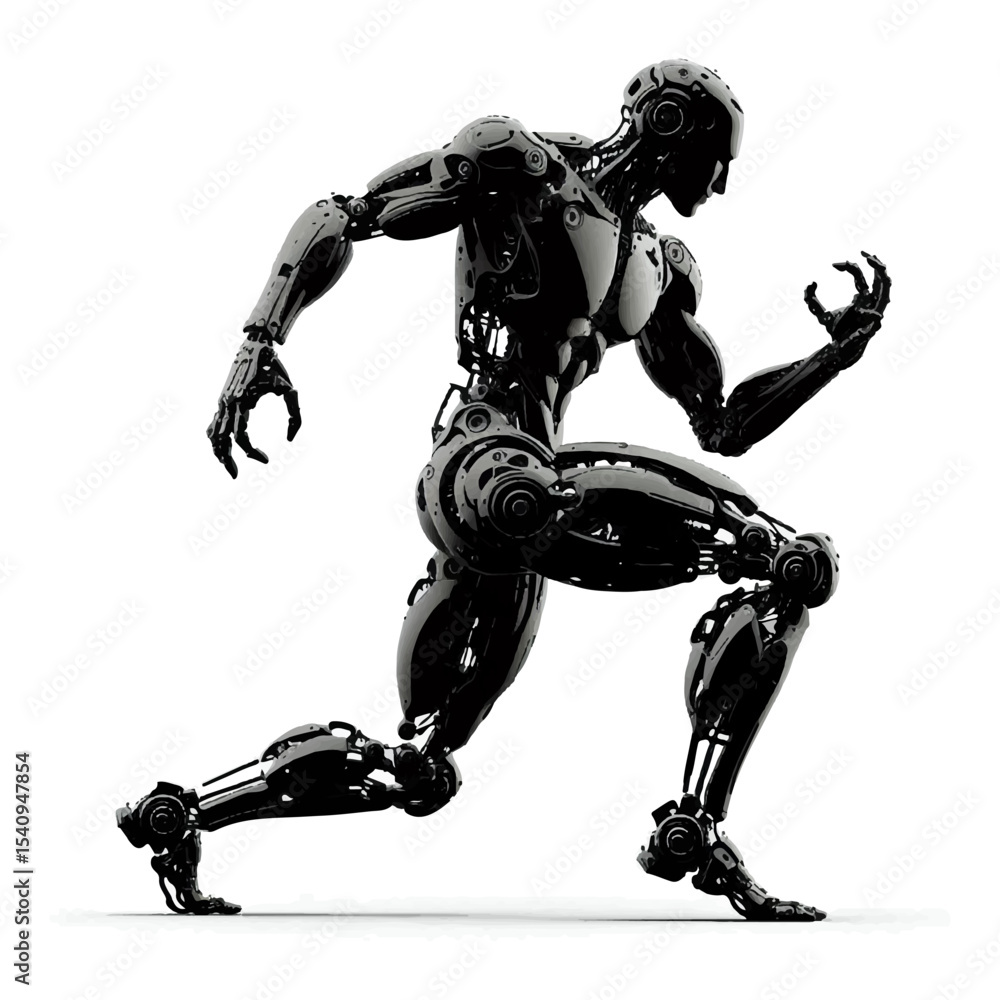 Fototapeta premium Monochrome image of a cyborg standing in a tense bodybuilding pose on a white isolated background. Vector graphics. EPS.