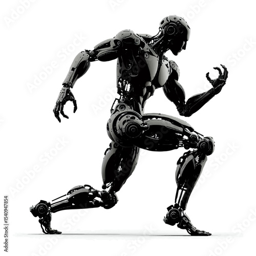 Monochrome image of a cyborg standing in a tense bodybuilding pose on a white isolated background. Vector graphics. EPS.