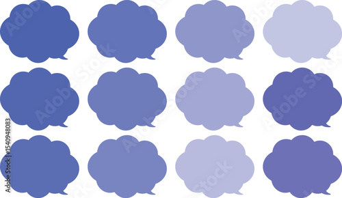 All the bubbles have a distinctive, rounded, cloud-like, or scalloped edge design. This vector image features twelve speech bubbles.