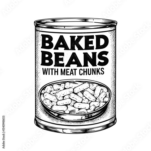 Baked beans in can with meat chunks and vintage label design, vector isolated on white background  