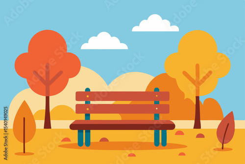 Serene Autumn Park Bench Colorful Fall Leaves and Tranquil Setting