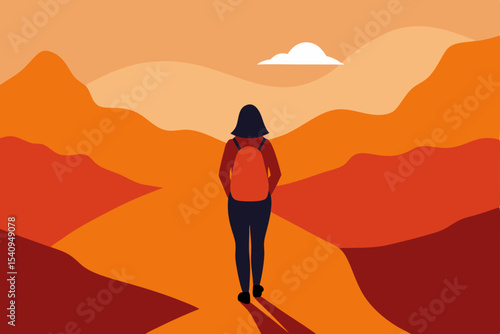Adventure Awaits Woman Hiking Majestic Mountain Landscape at Sunset