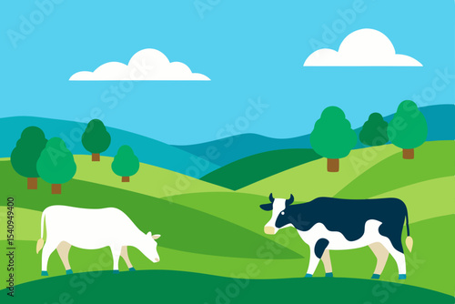 Cartoon farm landscape with cows grazing on a green meadow under a summer sky