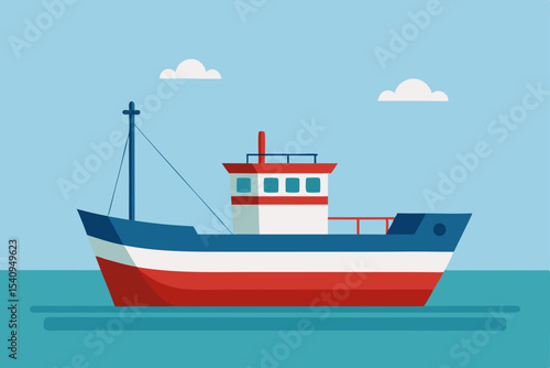 Red cargo ship on the summer sea, a vector illustration of a marine vessel for travel and transport