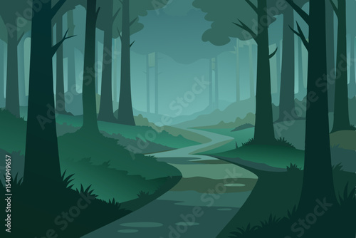Misty morning light filters through a beautiful green forest landscape, with trees and foliage shrouded in a mystical fog