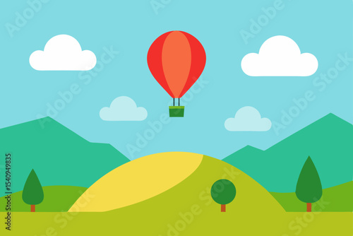 Colorful hot air balloons float across a vibrant summer landscape with blue sky, green grass, and distant mountains, a cheerful vector illustration of nature's beauty