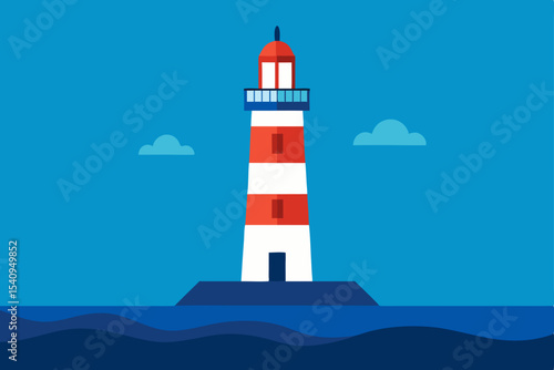 White lighthouse tower beacon on a blue sky coast landscape