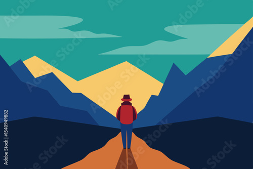Hiker standing on mountain top at sunset, a silhouetted figure against the vast nature landscape