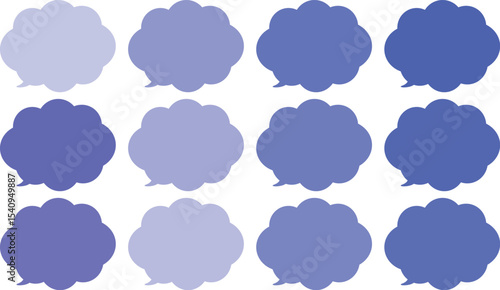 All the bubbles have a distinctive, rounded, cloud-like, or scalloped edge design. This vector image features twelve speech bubbles.